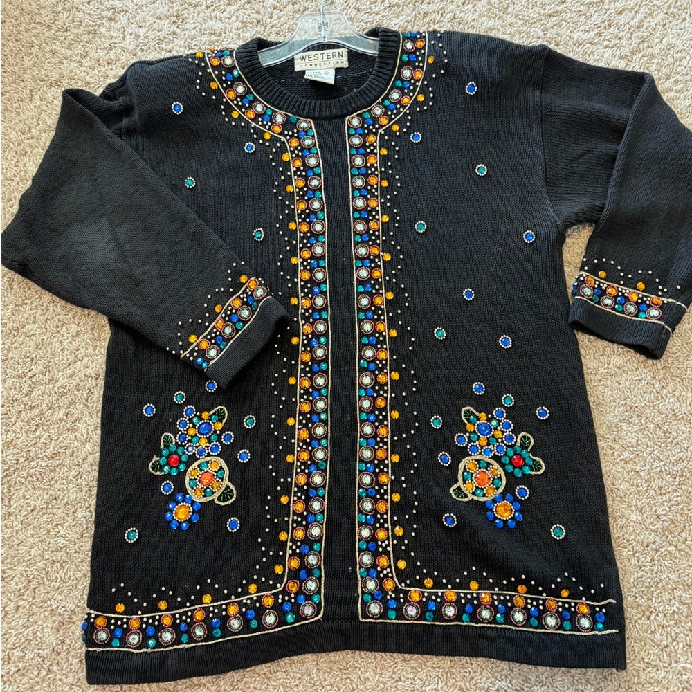 Vintage 80s/90s Western Connection Jeweled Black Sweater Size L